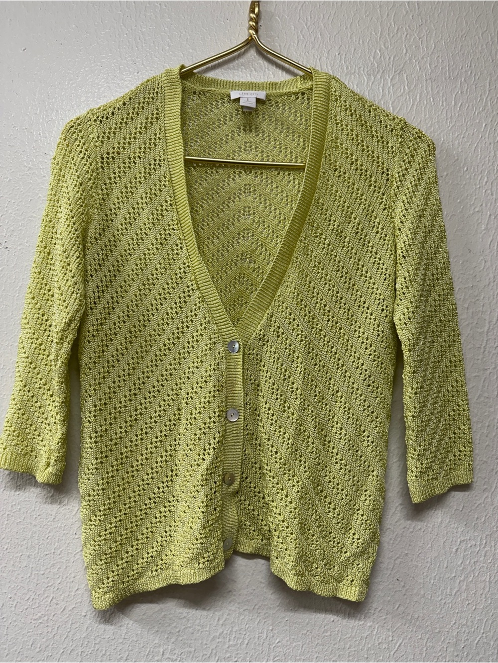 Chicos Light Green Open Knit Button-Front Women's Sweater Cardigan Size 1